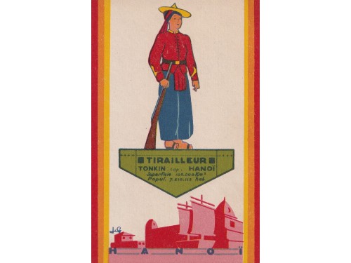 Hanoï (Tonkin) - Image publicitaire pliable du thé Twining avec un tirailleur du Tonkin et la silhouette de la ville d'Hanoï