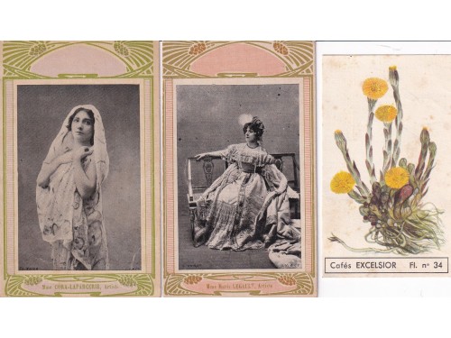 1 chromo des cafés Excelsior série "Fleurs et plantes de nos pays", No 34, et 2 chromos d'artistes avec cadre style Art Nouveau